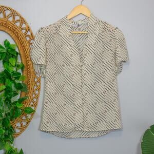 Vtg Josephine Blouse Diagonal Grid Print Puff Sleeve Button Top | Dark Winter